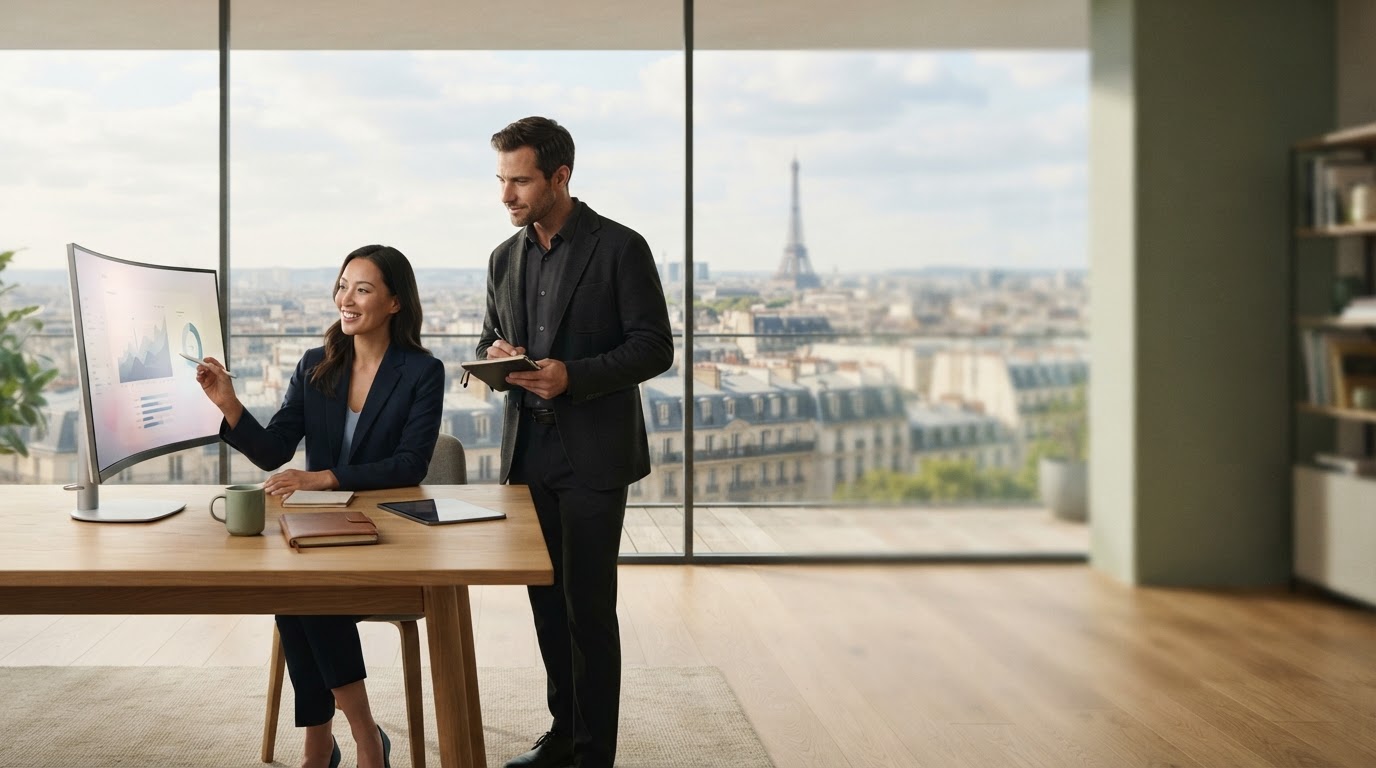 Kron Peak AI — famille dans un salon lumineux avec un tableau de bord d'analyse patrimoniale en surimpression
